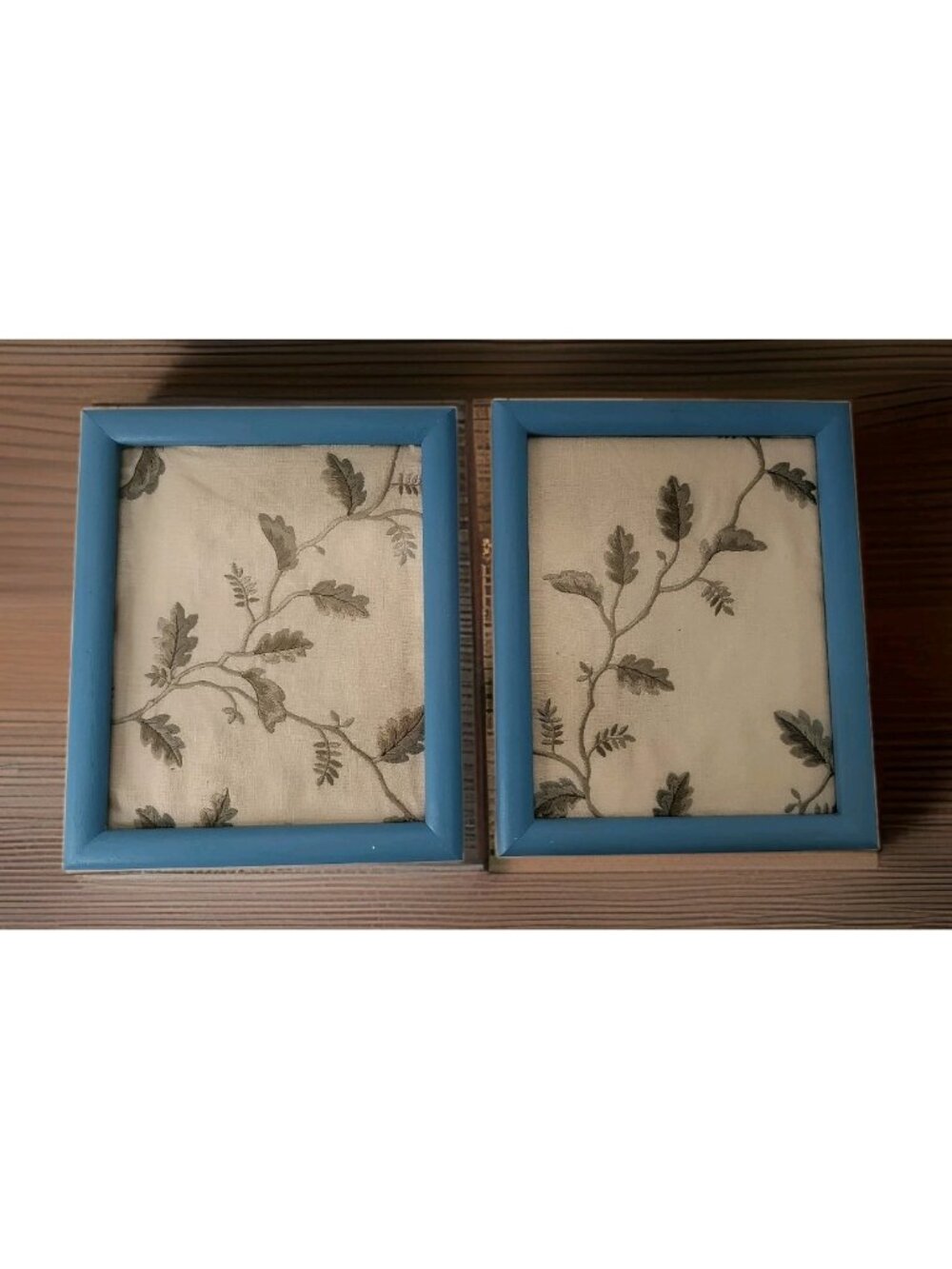 Vintage Embroidered Fabric Art Set 1980s Curtain Framed Botanical Blue Frames